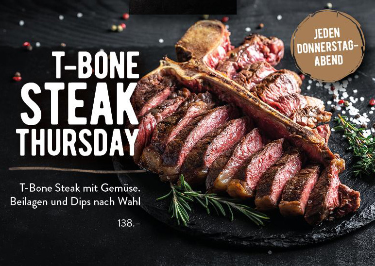 T-bone steak with vegetables, side dishes, and dips of your choice.